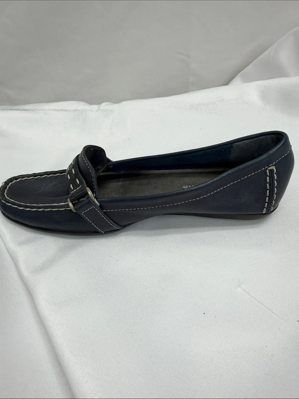 St. John's Bay Navy Leather Loafers with White Stitching